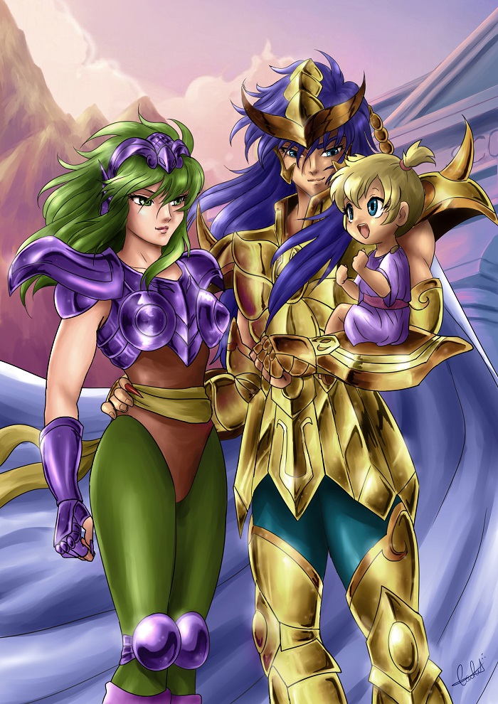 Saint Seiya, Scorpio Milo and Ophiuchus Shaina with Lemoni. By MistressAinley