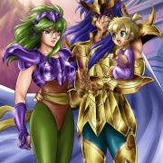 Saint Seiya, Scorpio Milo and Ophiuchus Shaina with Lemoni. By MistressAinley